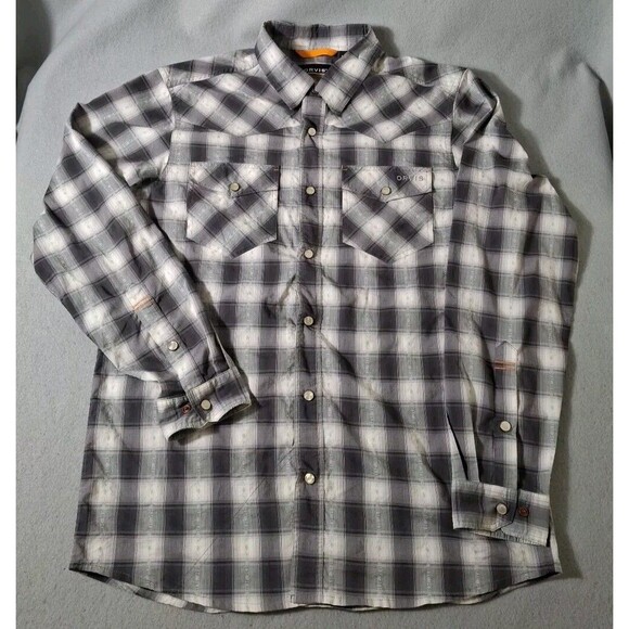 Orvis Shirt Mens Medium Gray Pearl Snap Dual Pockets Active Fit Plaid Western - Picture 1 of 10